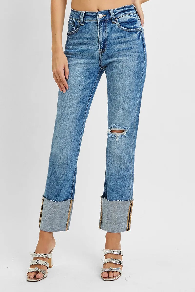 RISEN High Rise Ankle Straight Wide Cuffed Jeans-RISEN-MEDIUM-0-Reef Love Boutique