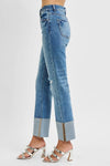 RISEN High Rise Ankle Straight Wide Cuffed Jeans-RISEN High Rise Ankle Straight Wide Cuffed Jeans with distressed raw hem. Wear cuffed or uncuffed for extra-long length. Available in regular & plus sizes.-Reef Love