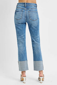 RISEN High Rise Ankle Straight Wide Cuffed Jeans-RISEN High Rise Ankle Straight Wide Cuffed Jeans with distressed raw hem. Wear cuffed or uncuffed for extra-long length. Available in regular & plus sizes.-Reef Love