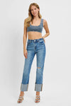 RISEN High Rise Ankle Straight Wide Cuffed Jeans-RISEN High Rise Ankle Straight Wide Cuffed Jeans with distressed raw hem. Wear cuffed or uncuffed for extra-long length. Available in regular & plus sizes.-Reef Love