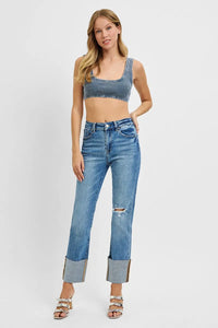RISEN High Rise Ankle Straight Wide Cuffed Jeans-RISEN High Rise Ankle Straight Wide Cuffed Jeans with distressed raw hem. Wear cuffed or uncuffed for extra-long length. Available in regular & plus sizes.-Reef Love