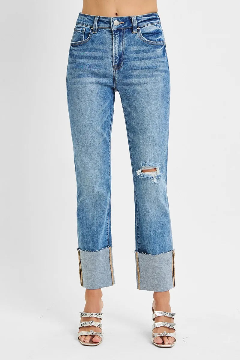 RISEN High Rise Ankle Straight Wide Cuffed Jeans-RISEN High Rise Ankle Straight Wide Cuffed Jeans with distressed raw hem. Wear cuffed or uncuffed for extra-long length. Available in regular & plus sizes.-Reef Love