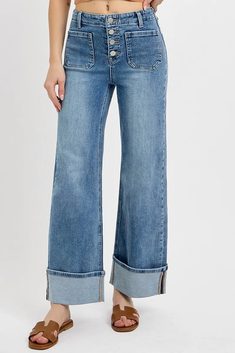RISEN High Rise Ankle Wide Button Patch Pocket Cuffed Jeans-Reef Love