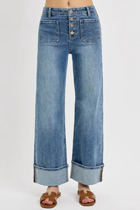 RISEN High Rise Ankle Wide Button Patch Pocket Cuffed Jeans-Reef Love
