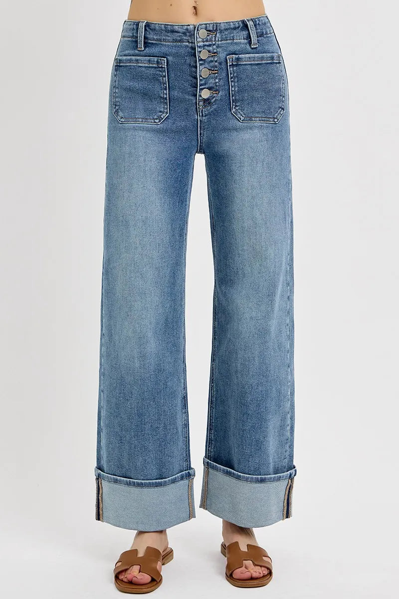RISEN High Rise Ankle Wide Button Patch Pocket Cuffed Jeans-Reef Love