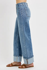 RISEN High Rise Ankle Wide Button Patch Pocket Cuffed Jeans-Reef Love