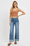 RISEN High Rise Ankle Wide Button Patch Pocket Cuffed Jeans-Reef Love
