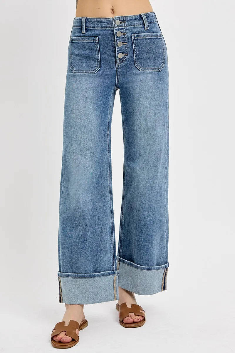 RISEN High Rise Ankle Wide Button Patch Pocket Cuffed Jeans-Reef Love