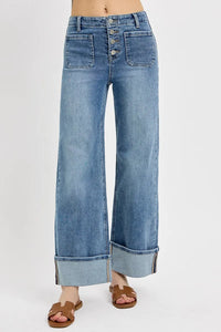 RISEN High Rise Ankle Wide Button Patch Pocket Cuffed Jeans-Reef Love
