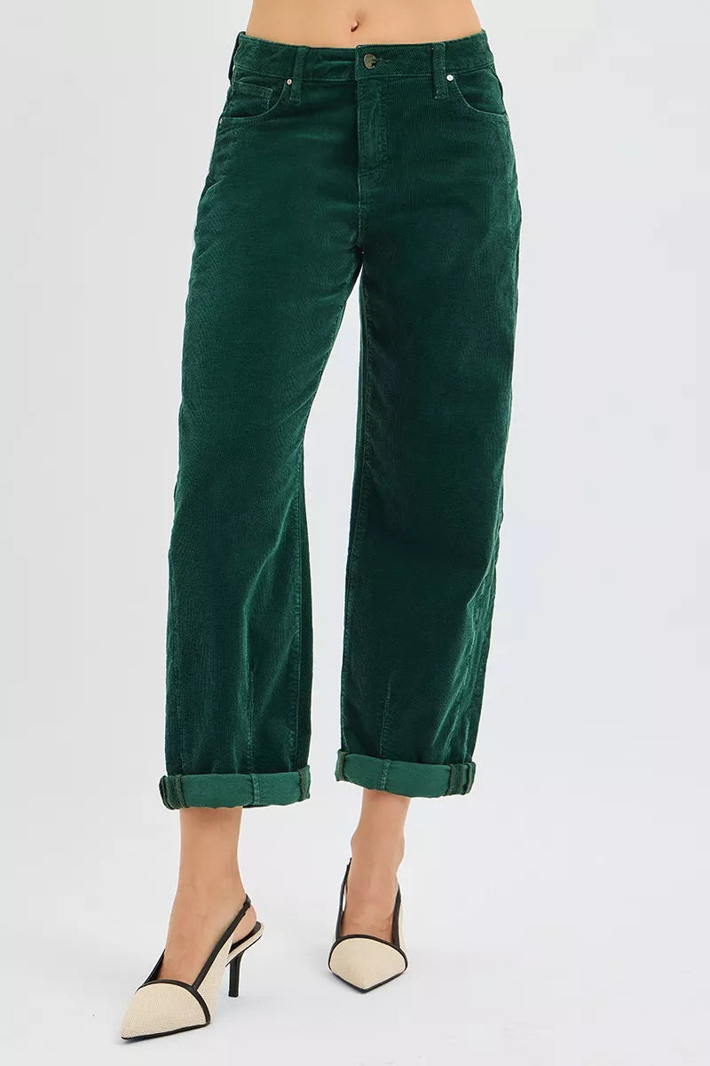 RISEN High Rise Crop Barrel Corduroy Pants, Hunter Green- Boho Chic Styles by Reef Love