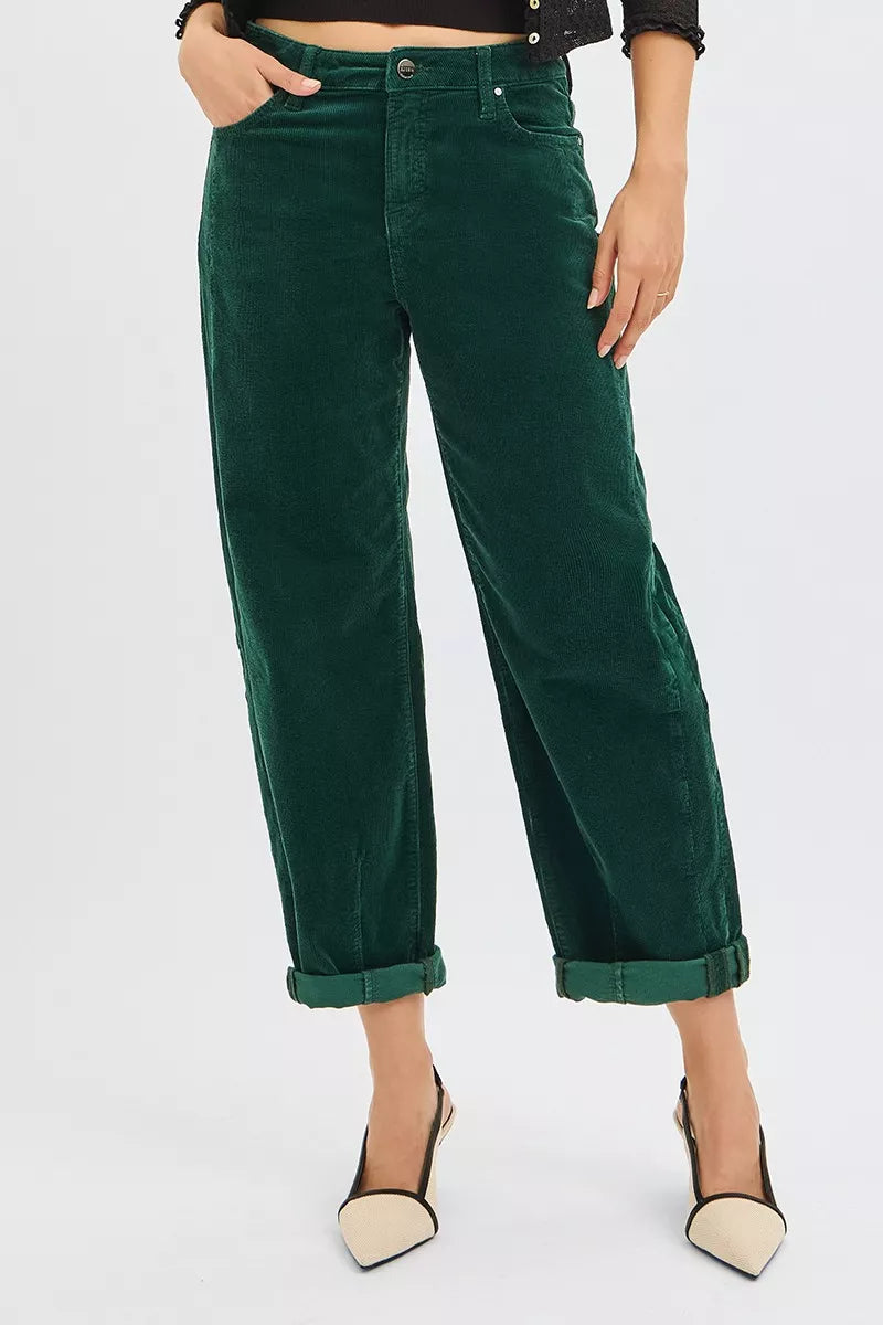 RISEN High Rise Crop Barrel Corduroy Pants, Hunter Green- Boho Chic Styles by Reef Love