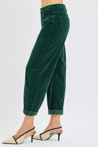 RISEN High Rise Crop Barrel Corduroy Pants, Hunter Green- Boho Chic Styles by Reef Love