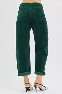 RISEN High Rise Crop Barrel Corduroy Pants, Hunter Green- Boho Chic Styles by Reef Love
