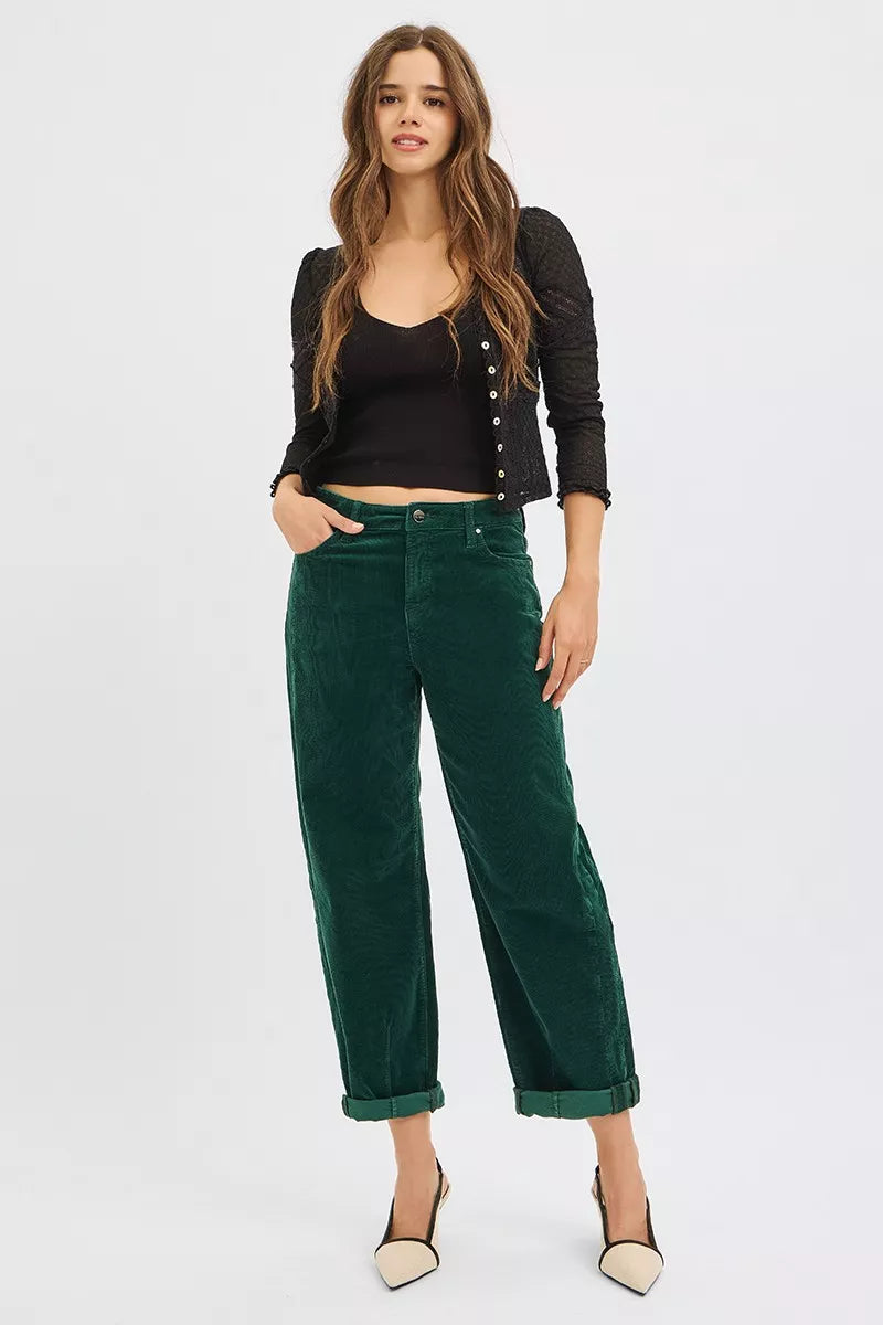 RISEN High Rise Crop Barrel Corduroy Pants, Hunter Green- Boho Chic Styles by Reef Love