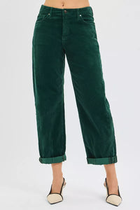 RISEN High Rise Crop Barrel Corduroy Pants, Hunter Green- Boho Chic Styles by Reef Love