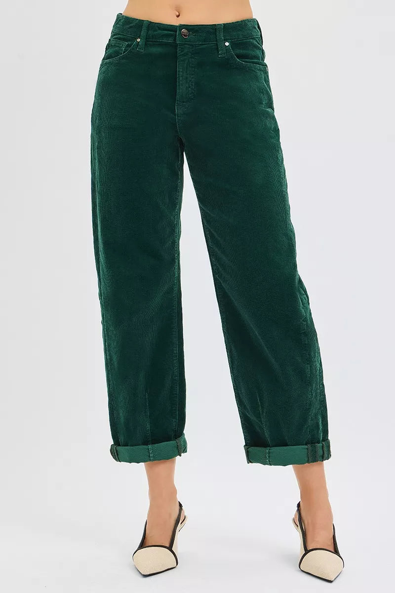 RISEN High Rise Crop Barrel Corduroy Pants, Hunter Green- Boho Chic Styles by Reef Love