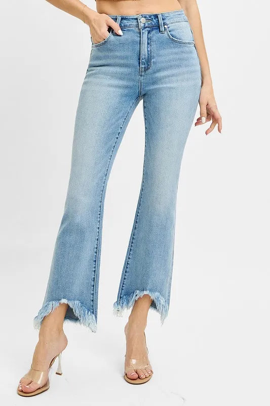 RISEN High Rise Cropped Bootcut Fray Hem Jeans, Light Wash Denim
