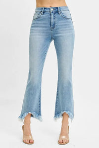 RISEN High Rise Cropped Bootcut Fray Hem Jeans, Light Wash Denim
