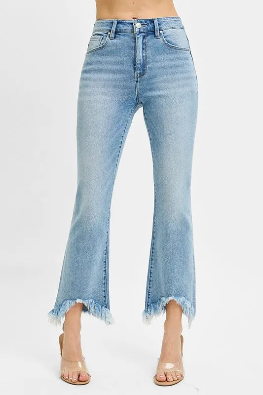 RISEN High Rise Cropped Bootcut Fray Hem Jeans, Light Wash Denim