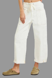 RISEN High Rise Crop Wide Barrel Cargo Jeans, Cream