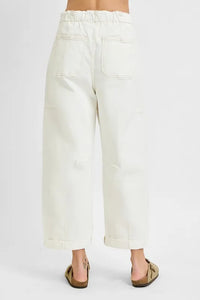 RISEN High Rise Crop Wide Barrel Cargo Jeans, Cream