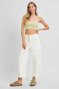 RISEN High Rise Crop Wide Barrel Cargo Jeans, Cream