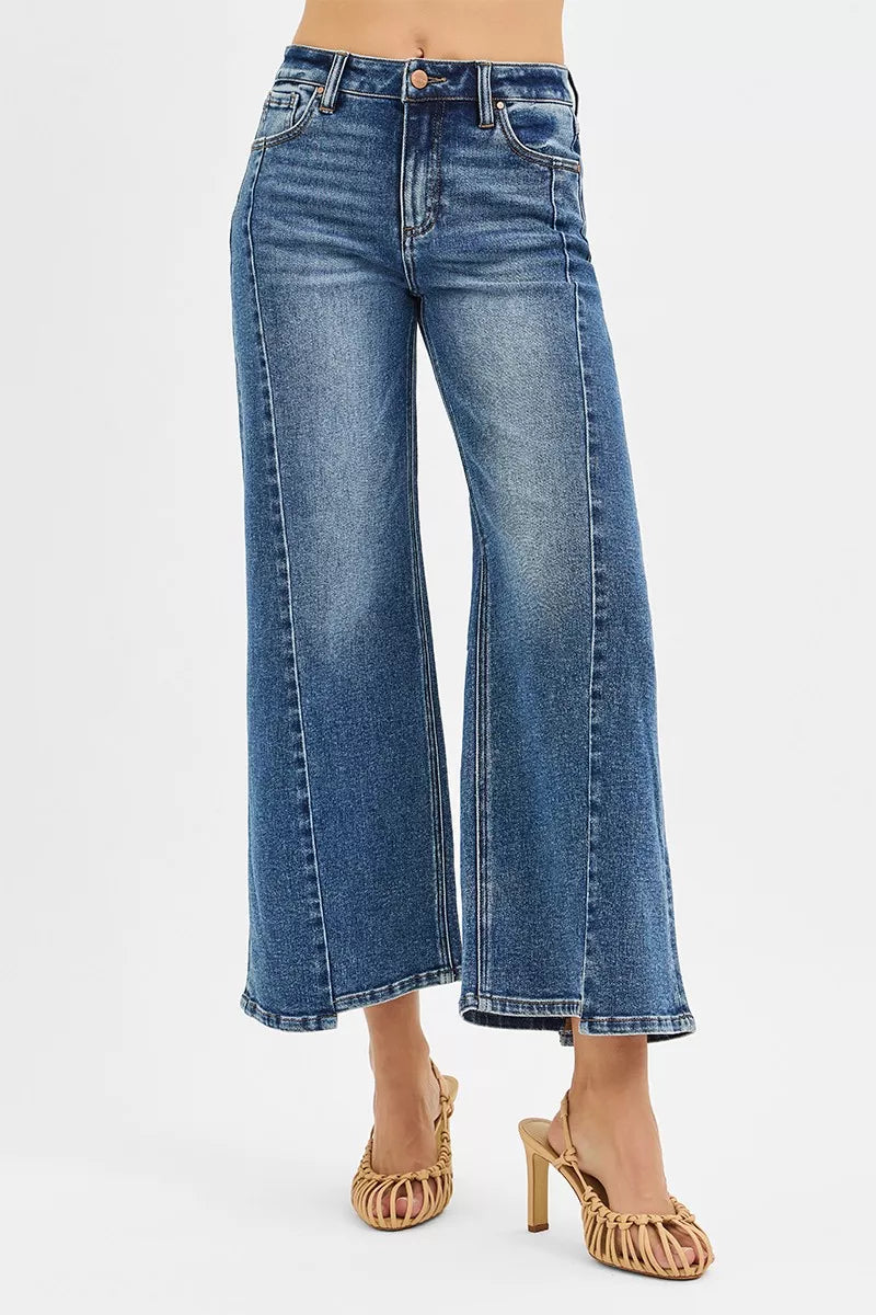 RISEN High Rise Crop Wide Leg Jeans with Step Hem-Elevate your denim game with these High Rise Crop Wide Leg Jeans featuring a trendy step hem detail. The high-rise silhouette offers a flattering fit.