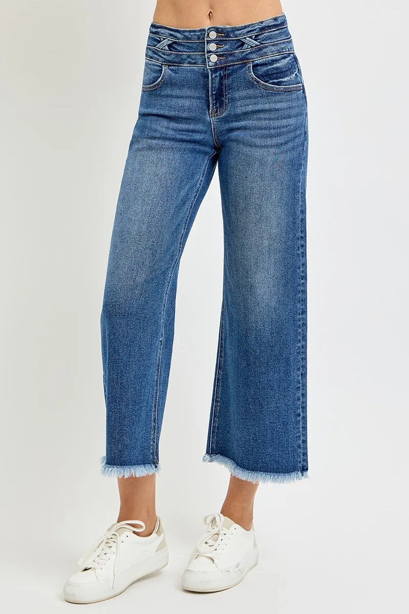 RISEN High Rise Crop Wide Leg Jeans with Wide Band Detail-RISEN-Dark Wash-0-Reef Love Boutique