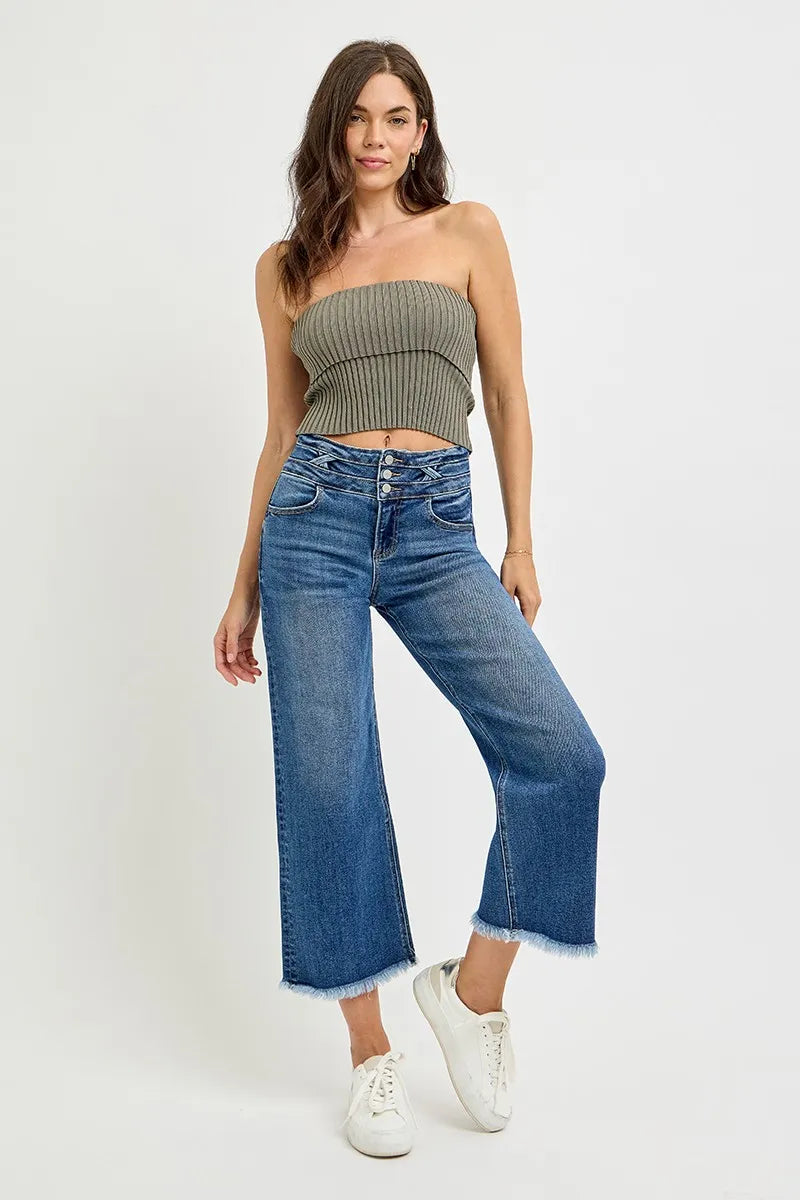 RISEN High Rise Crop Wide Leg Jeans with Wide Band Detail-RISEN-Reef Love Boutique