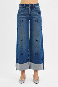RISEN High Rise Crop Wide Leg Ribbon Detail Jeans-