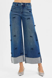 RISEN High Rise Crop Wide Leg Ribbon Detail Jeans-