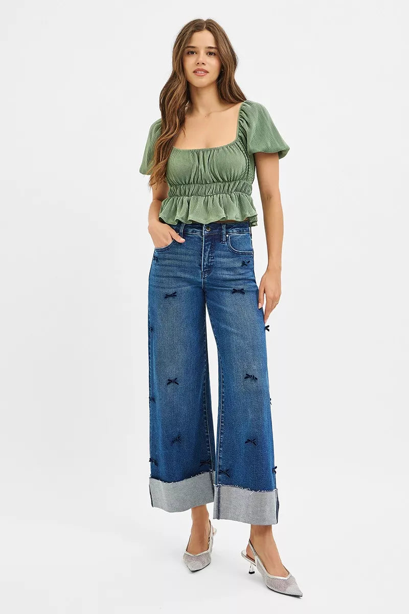 RISEN High Rise Crop Wide Leg Ribbon Detail Jeans-