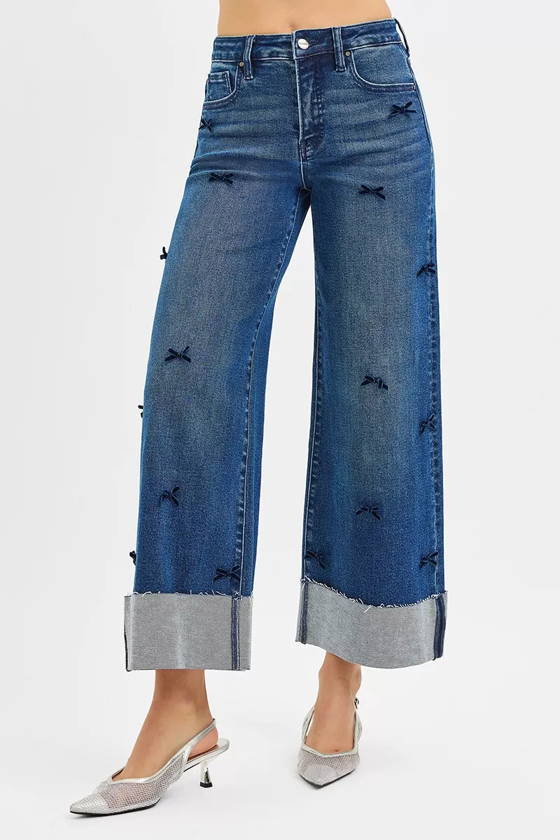 RISEN High Rise Crop Wide Leg Ribbon Detail Jeans-