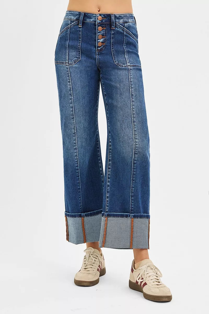RISEN High Rise Crop Wide Straight Cuffed Jeans-Reef Love