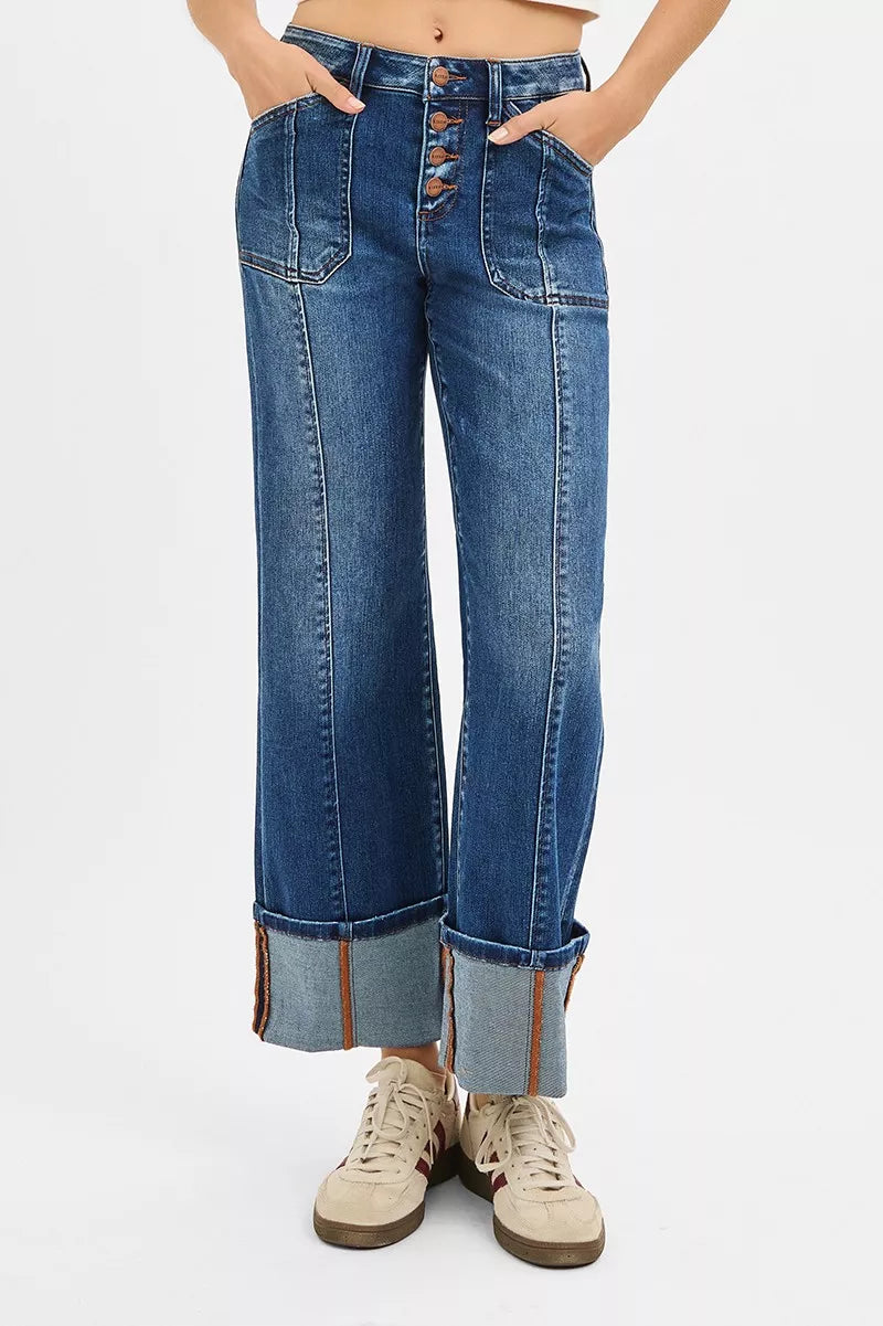 RISEN High Rise Crop Wide Straight Cuffed Jeans-Reef Love