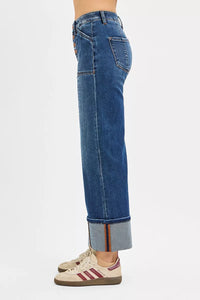RISEN High Rise Crop Wide Straight Cuffed Jeans-Reef Love