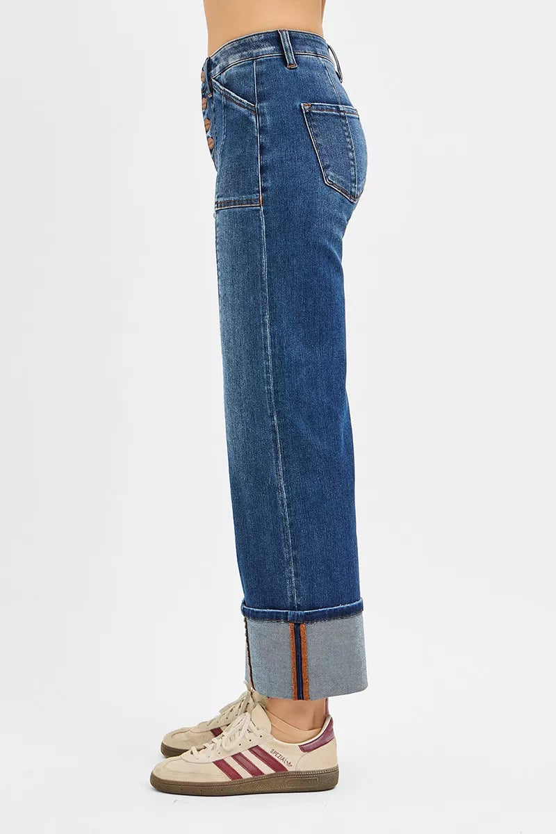 RISEN High Rise Crop Wide Straight Cuffed Jeans-Reef Love
