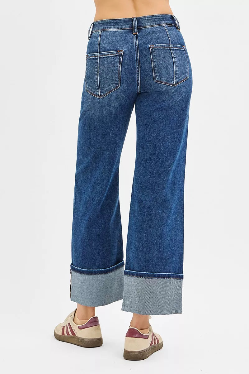 RISEN High Rise Crop Wide Straight Cuffed Jeans-Reef Love