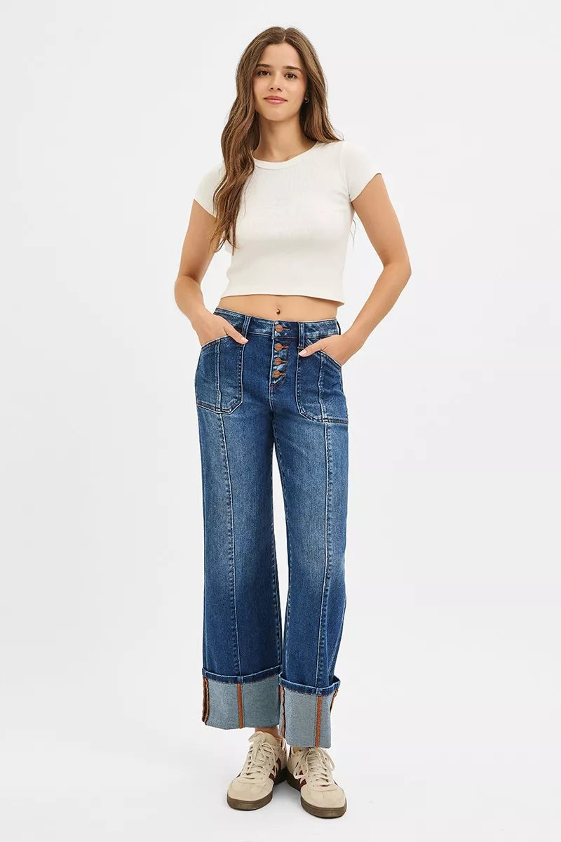 RISEN High Rise Crop Wide Straight Cuffed Jeans-Reef Love