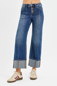 RISEN High Rise Crop Wide Straight Cuffed Jeans-Reef Love