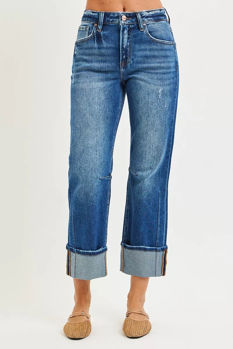 RISEN High Rise Distressed Straight Jeans with Cuffed Hem