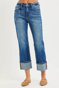 RISEN High Rise Distressed Straight Jeans with Cuffed Hem