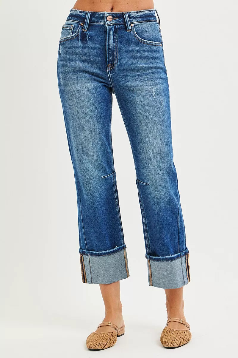 RISEN High Rise Distressed Straight Jeans with Cuffed Hem