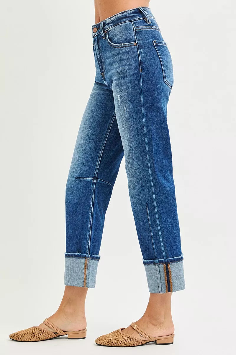 RISEN High Rise Distressed Straight Jeans with Cuffed Hem