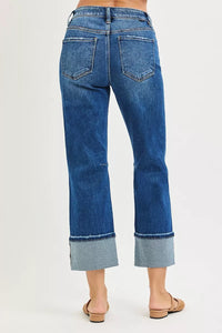 RISEN High Rise Distressed Straight Jeans with Cuffed Hem