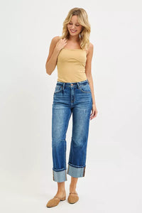 RISEN High Rise Distressed Straight Jeans with Cuffed Hem