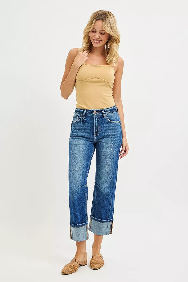 RISEN High Rise Distressed Straight Jeans with Cuffed Hem