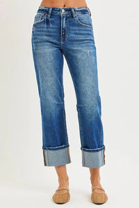 RISEN High Rise Distressed Straight Jeans with Cuffed Hem