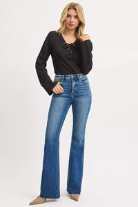 RISEN High Rise Flare Jeans-RISEN High Rise Flare Jeans. The high-rise waist provides a flattering and elongating silhouette. The flare leg style adds a retro-inspired and fashionable look