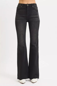 RISEN High Rise Flare Raw Hem Jeans in Black-RISEN-Reef Love Boutique